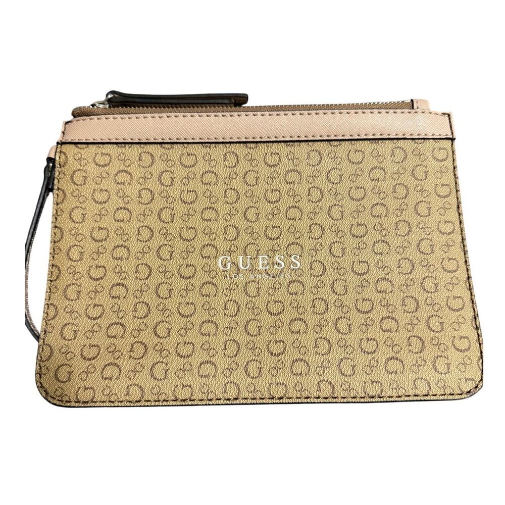 Guess Monogram Logo Wristlet Beige Tan Faux Leather Zip Up Clip Wrist Pouch NEW